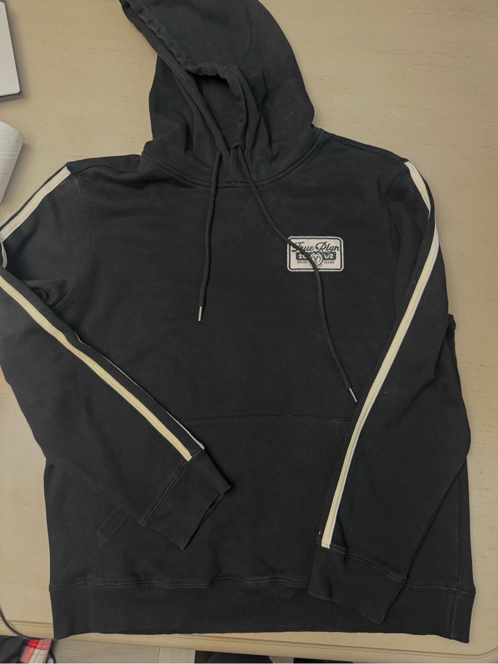 Black Men’s True Religion Size Large Hooded Sweatshirt with Contrast Stripes EUC